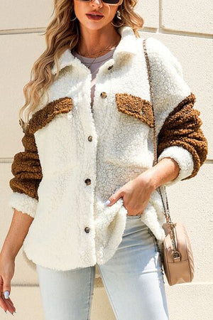 Women Cute Sherpa Jacket with Button Closure and Collared Neck in Elegant Retro Style