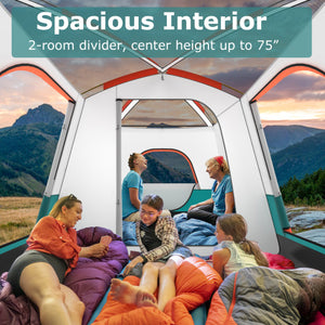 6-8 Person Camping Tent with Double Rooms and 2 Doors-Green