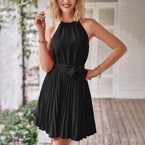 Casual Halter Neck A-Line Dress Sleeveless Belted Swing Pleated Cocktail Party Beach Mini Dresses