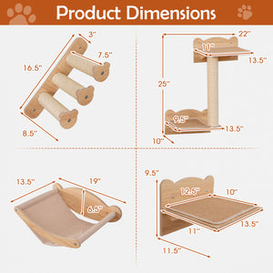 Cat Wall Furniture Set of 4 with Hammock 2-step Cat Tree and Perch-Natural