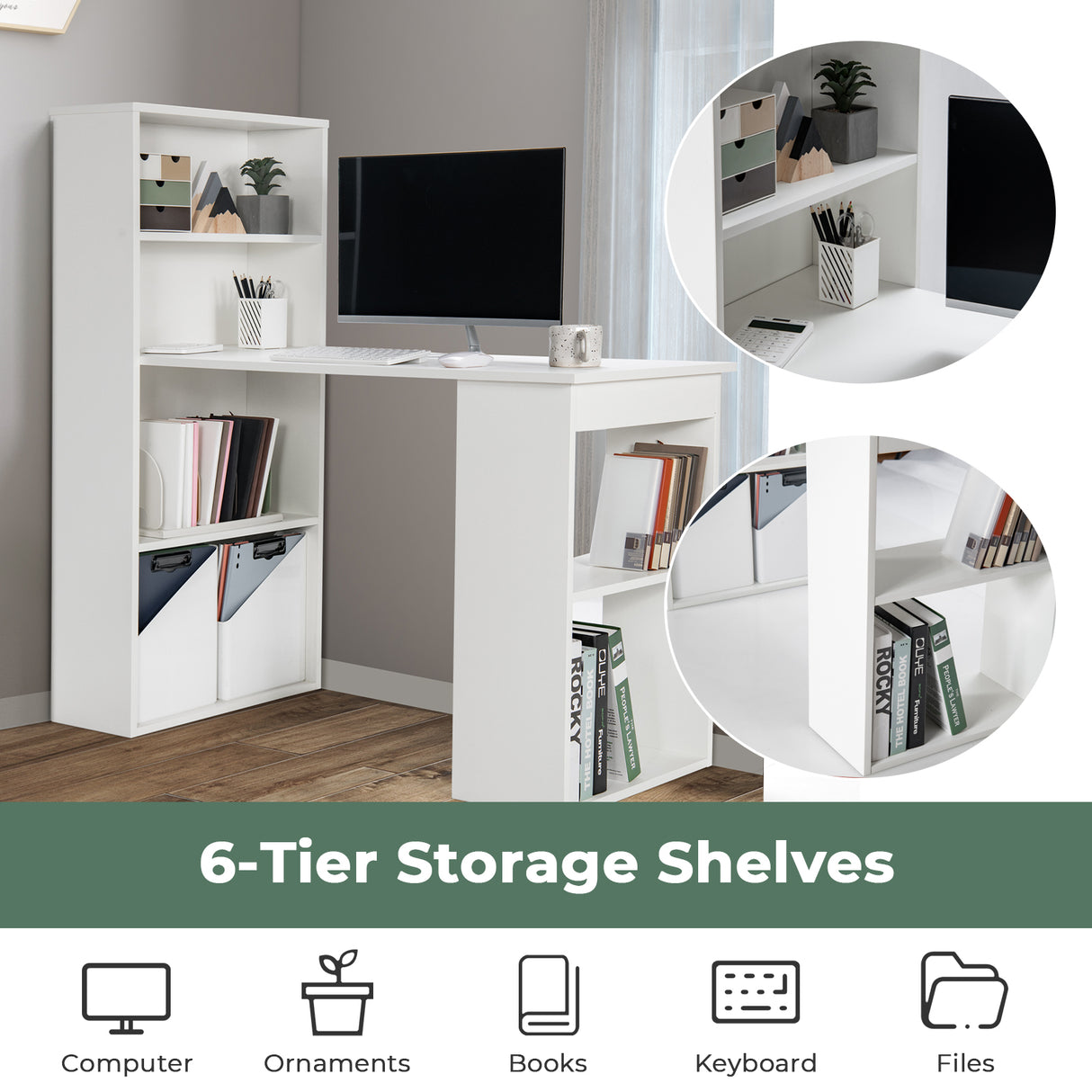 Computer Desk Writing Workstation Office with 6-Tier Storage Shelves-Black