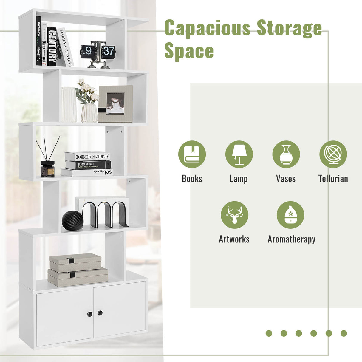 6-Tier S-Shaped Freestanding Bookshelf with Cabinet and Doors-White
