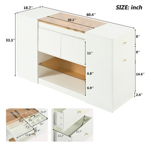 Modern Luxury Multi-Functional Island Vanity Dresser And Storage Cabinet With Glass Tabletop, Display Shelf, 6 Drawers For Walk In Wardrobe And Bedroom - Cream White by Couch.com