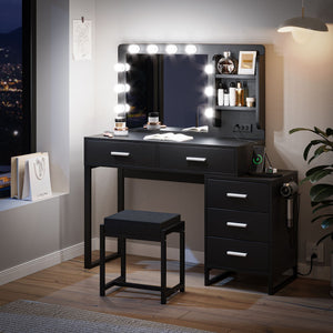 Vanity Desk With Lights, Makeup Vanity Set With Charging Station, Dressing Table With 5 Drawers And Cabinet, Vanity Mirror 3 Lighting Color Adjustable - Black by Couch.com