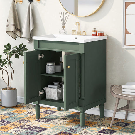 Below a round mirror, the Bathroom Vanity With Top Sink showcases its green 2-tier storage cabinet with open doors displaying shelves holding containers. Colorful mosaic tiles adorn the floor, and towels are hung on an adjacent wall.