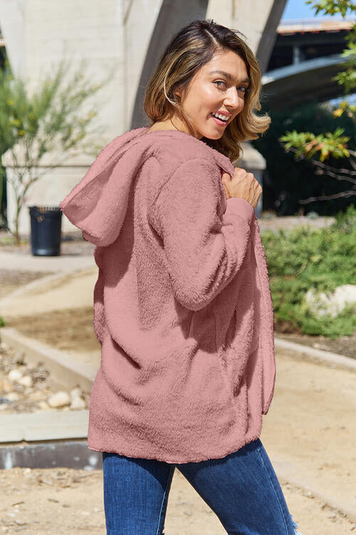 Women Full Size Teddy Hooded Jacket with Pockets Cozy Casual Jacket Comfortable Women Jacket