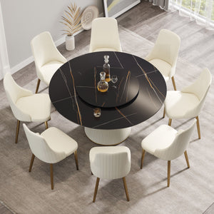 Modern Artificial Stone Round Plywood Base Dining Table, Can Accommodate 8 People Artificial Stone Turntable (Not Including Chairs) - Black / Beige by Couch.com