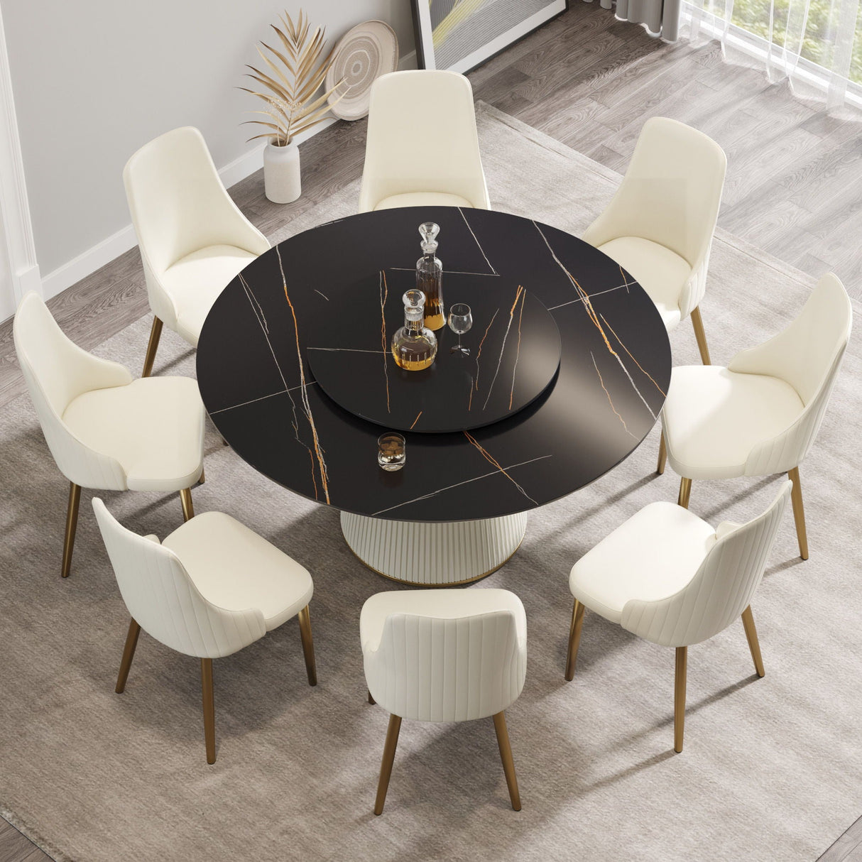 Couch.com Modern Artificial Stone Round Plywood Base Dining Table, Can Accommodate 8 People Artificial Stone Turntable (Not Including Chairs) Black / Beige, Durable Design, Easy to Clean by Couch.com