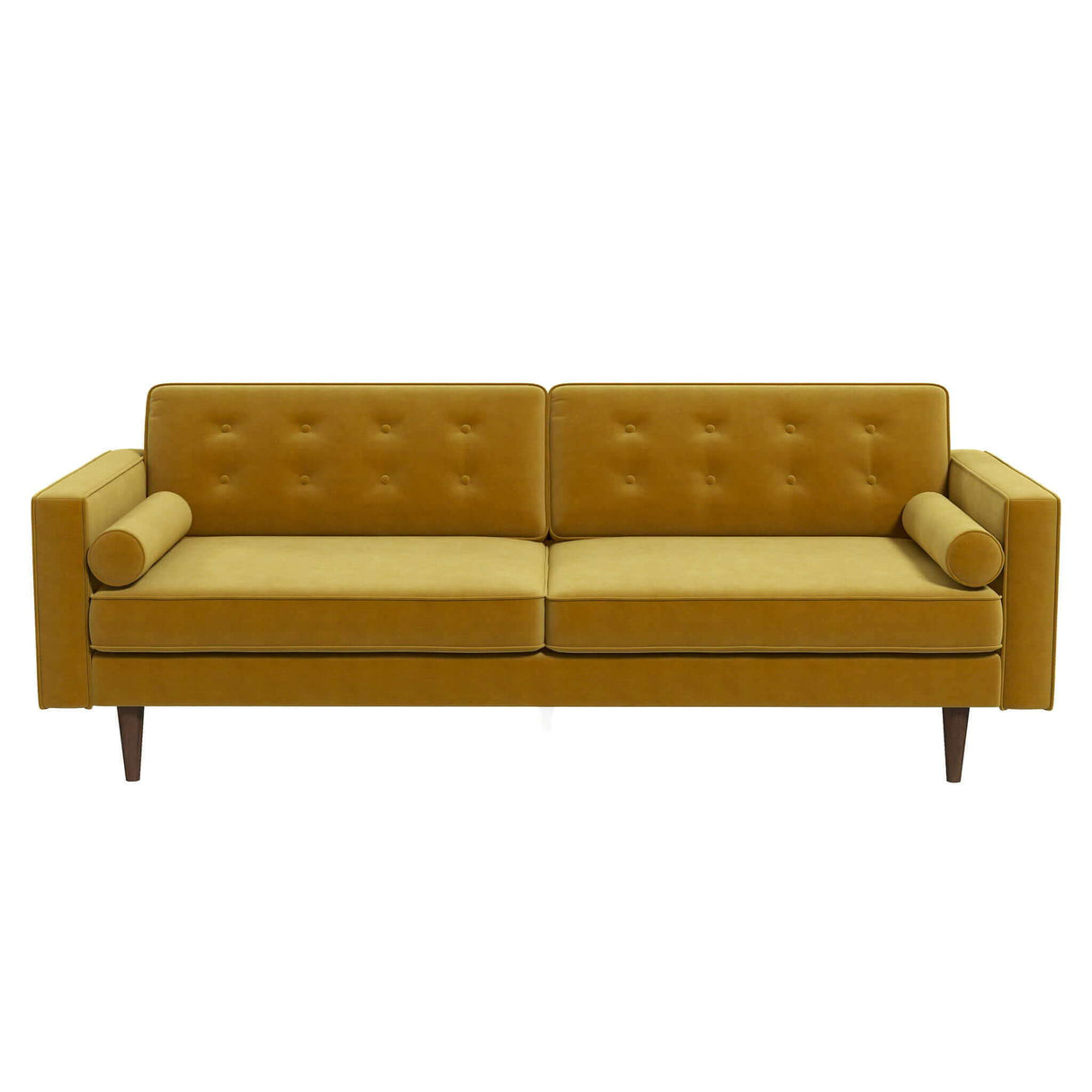 The Casey Mid Century Modern Sofa features a mustard yellow color, button-tufted back cushions, two cylindrical bolster pillows, and wooden tapered legs.