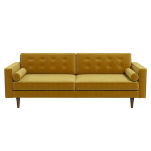 The Casey Mid Century Modern Sofa features a mustard yellow color, button-tufted back cushions, two cylindrical bolster pillows, and wooden tapered legs.