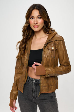 Coalition LA Double Zip Hooded Long Sleeve Vegan Leather Jacket for Women Stylish and Functional Outerwear