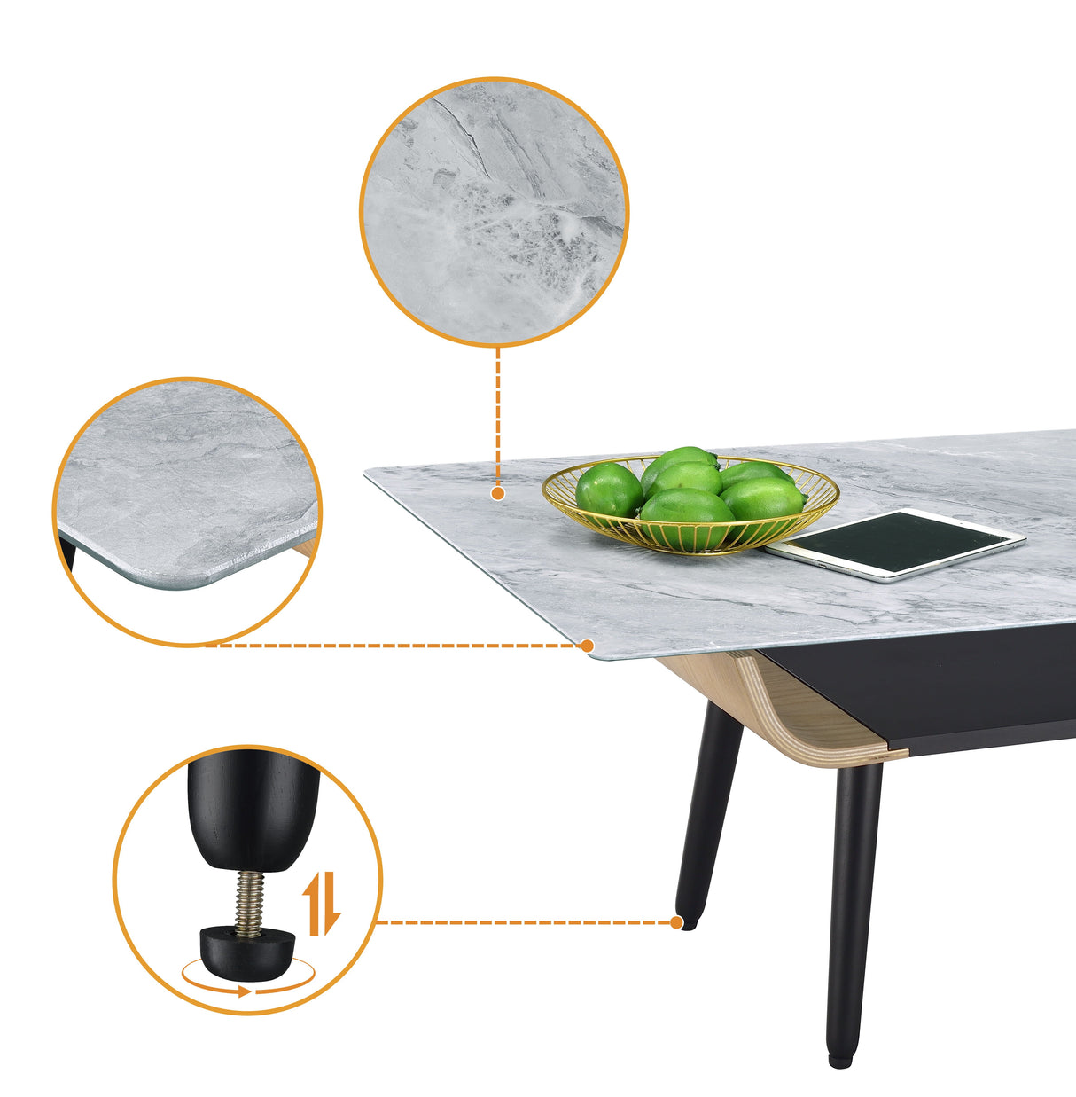 Landon - Coffee Table With Glass Marble Texture Top And Bent Wood Design by Couch.com