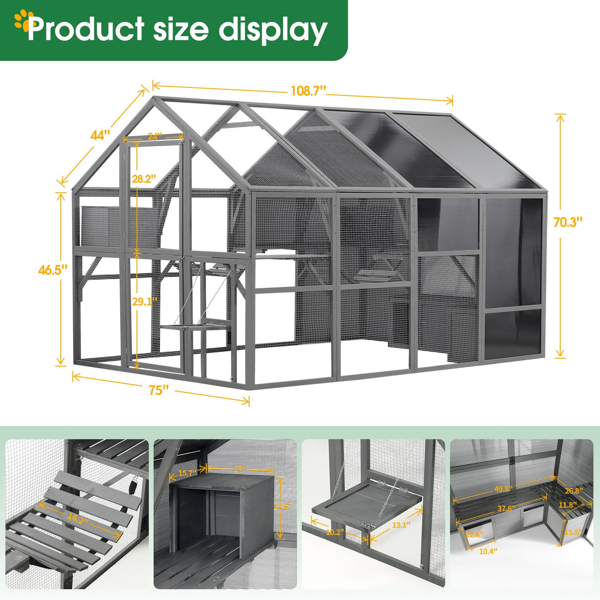 Luxury Cat Cage Outdoor Wooden Catio Enclosure Patio Large Cat Run House For Multiple Pets Walk In Kitten Kennel With Bouncy Bridge, Platforms, Small Houses, Seating And Sunshine Panel - Gray by Couch.com