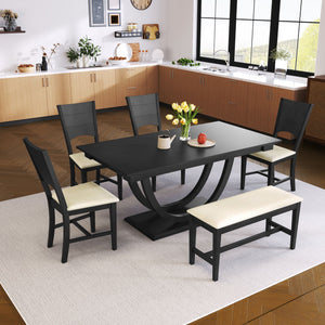 Topmax - 6 Piece Wood Half Round Dining Table Set Kitchen Table Set With Long Bench And 4 Dining Chairs, Modern Style by Couch.com