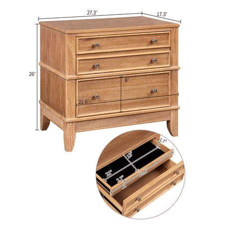The Hazel 3 Drawer Side Table set features wooden dressers with three drawers, measuring 27.3"W x 17.3"D x 26"H; close-up inset shows an 8" top drawer, a lower drawer at 22.8" width with dividers, and knob handles. Ideal for living rooms, hallways, or entryways.
