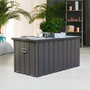 100 Gallon Waterproof Outdoor Deck Box, Steel, Lockable Patio Storage for Cushions and Garden Tools, Dark Gray