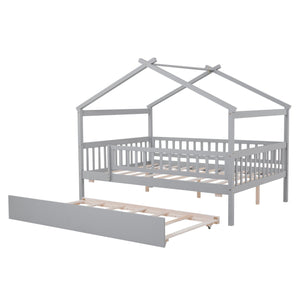 The Creativity House Bed With Twin Size Trundle features a gray wooden frame shaped like a house, complete with slatted sides and roof outline. It has a removable trundle bed at the front and offers a cozy, playful look with its simple, modern design ideal for a child's room.