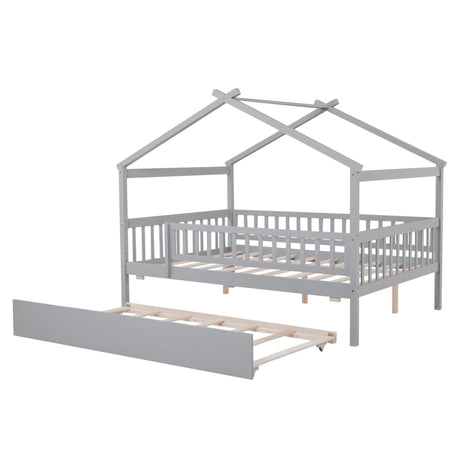 The Creativity House Bed With Twin Size Trundle features a gray wooden frame shaped like a house, complete with slatted sides and roof outline. It has a removable trundle bed at the front and offers a cozy, playful look with its simple, modern design ideal for a child's room.