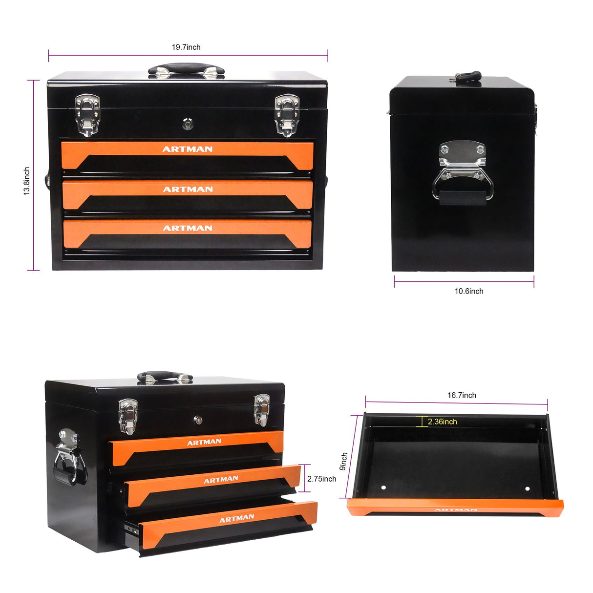 Portable 3 Drawer Steel Toolbox, 4 Layers Of Tools With Metal Latches, With Storage Tray And Carrying Handle by Couch.com
