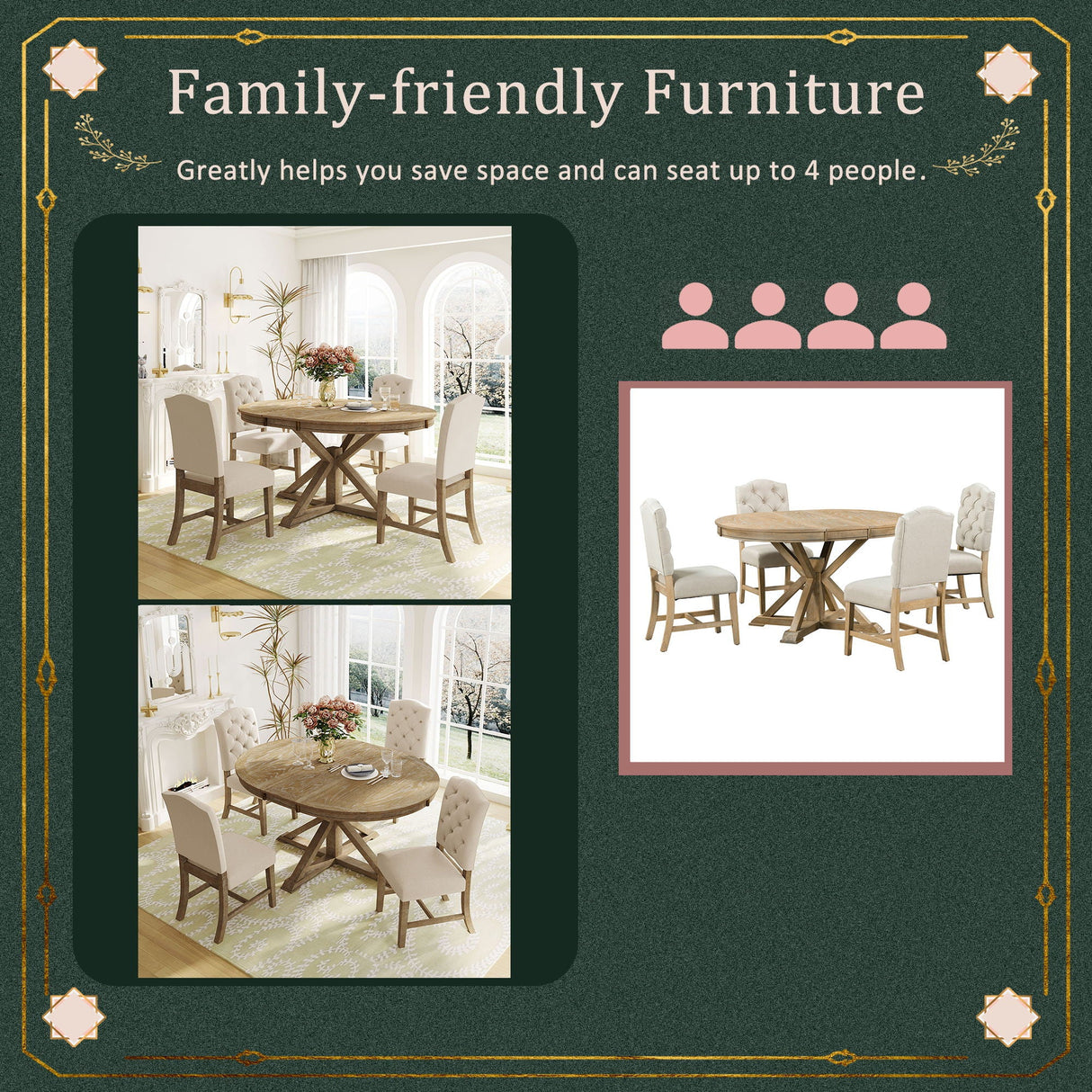 Functional Furniture Retro Style Dining Table Set With Extendable Table And 4 Upholstered Chairs For Dining Room And Living Room by Couch.com