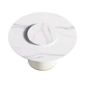 Modern Artificial Stone Round Plywood Base Dining Table, Can Accommodate 6 People, Artificial Stone Turntable (Not Including Chairs) - White / Beige by Couch.com