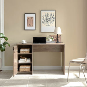 Home Office Desk Hazelnut One Cabinet Three Shelves Faux Barn Door On Metal Euro Hinges Modesty Panel - Light Brown by Couch.com