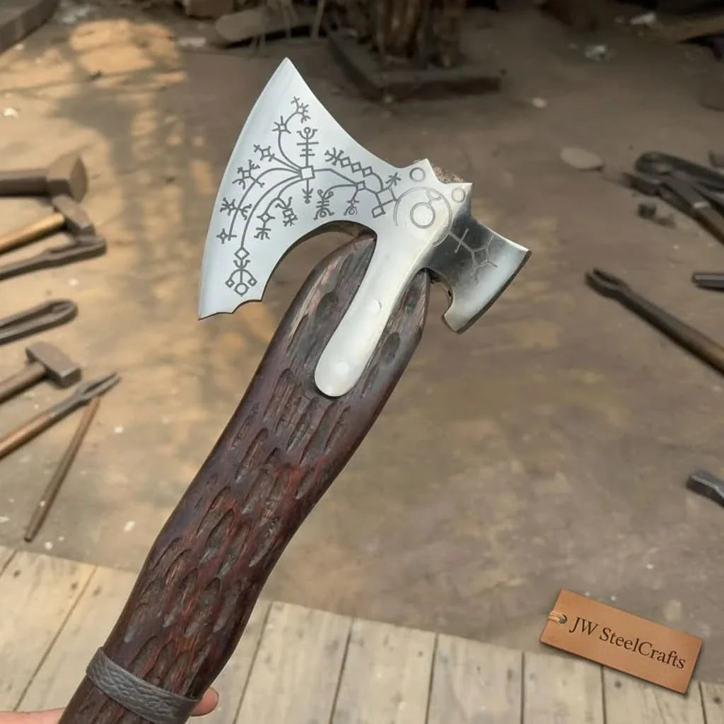 Engraved Leviathan Axe Replica with Carved Wood Handle