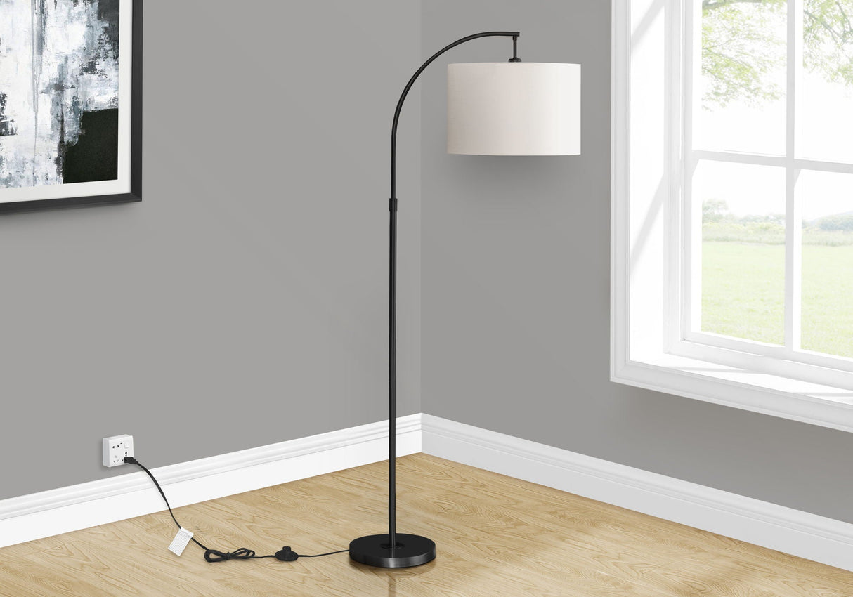 The "Contemporary Design Floor Lamp Lighting" features a sleek black finish with a curved stand and white cylindrical shade, standing on a wooden floor in a minimalist room. A large window reveals greenery, and a modern painting adorns the gray wall.