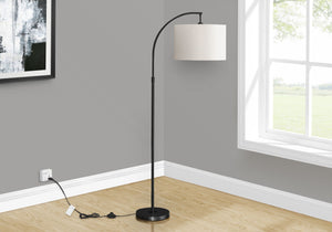 The "Contemporary Design Floor Lamp Lighting" features a sleek black finish with a curved stand and white cylindrical shade, standing on a wooden floor in a minimalist room. A large window reveals greenery, and a modern painting adorns the gray wall.