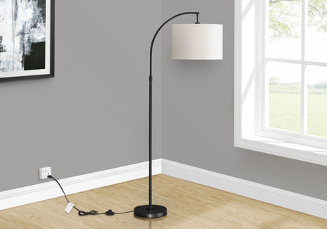 The "Contemporary Design Floor Lamp Lighting" features a sleek black finish with a curved stand and white cylindrical shade, standing on a wooden floor in a minimalist room. A large window reveals greenery, and a modern painting adorns the gray wall.
