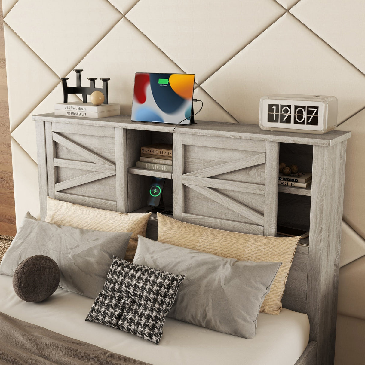 3-Pieces Bedroom Set Queen Size Farmhouse Platform Bed with Storage Headboard and Charging Station