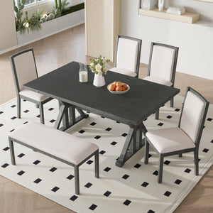 Topmax - 6 Piece Farmhouse Classical Dining Table Set With Trestle Legs, Kitchen Table Set For 6 With 4 Upholstered Dining Chairs And Bench by Couch.com
