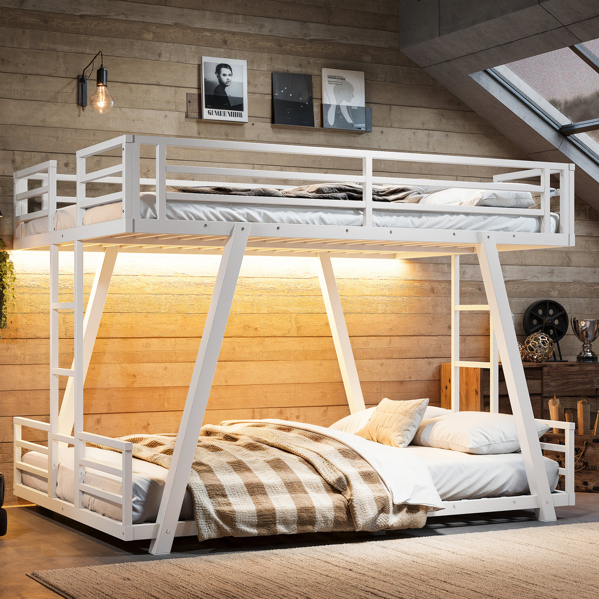 Full over Full Bunk Bed with 2 Side Ladders, Metal Bunk Bed with Special Support Leg Design, Low Profile Bunk Bed, White