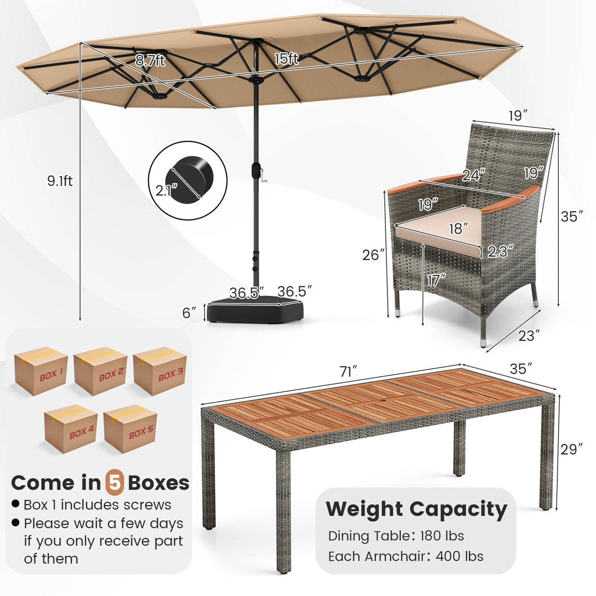 10 Pieces Patio Wicker Dining Set with 15 Feet Double-Sided Patio Umbrella-Brown by DirectDeals