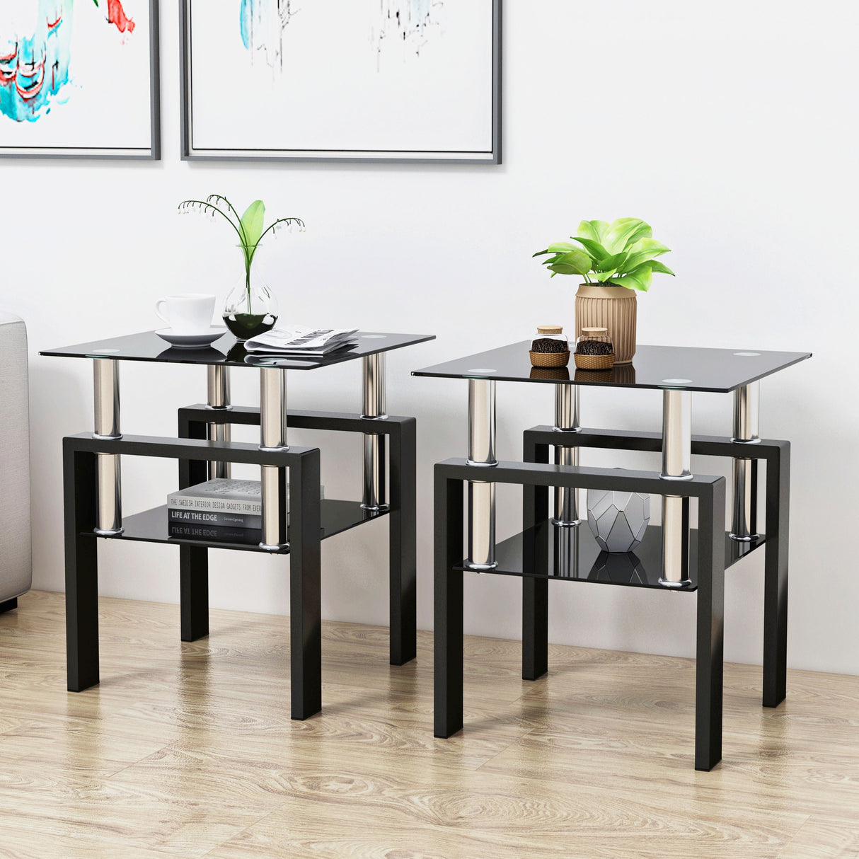 Modern Tempered Glass Tea Table, End Square Table For Living Room (Set of 2) - Black by Couch.com