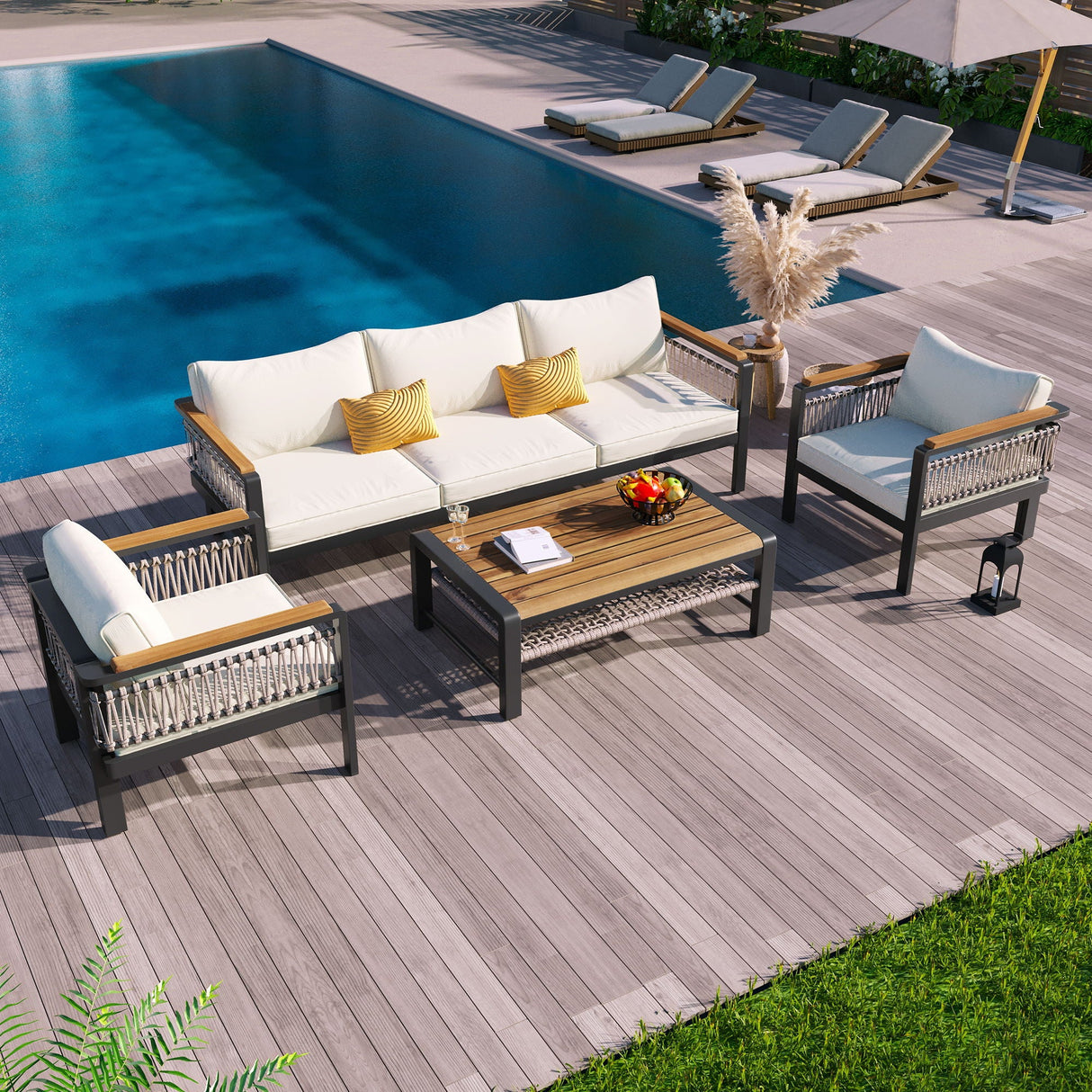 4 Pieces Outdoor Sectional Sofa Set 5 Person Patio Seating Group Outdoor Conversation Set With Cushions And A Coffee Table For Patios