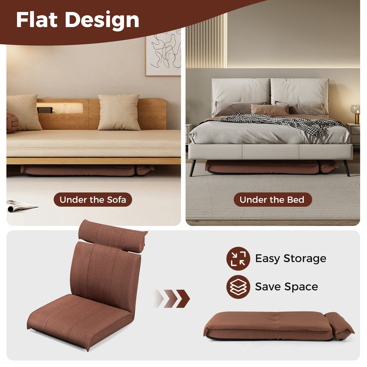 Folding Floor Chair with 14-Poistion Adjustable Backrest and 5-Position Adjustable Headrest-Brown
