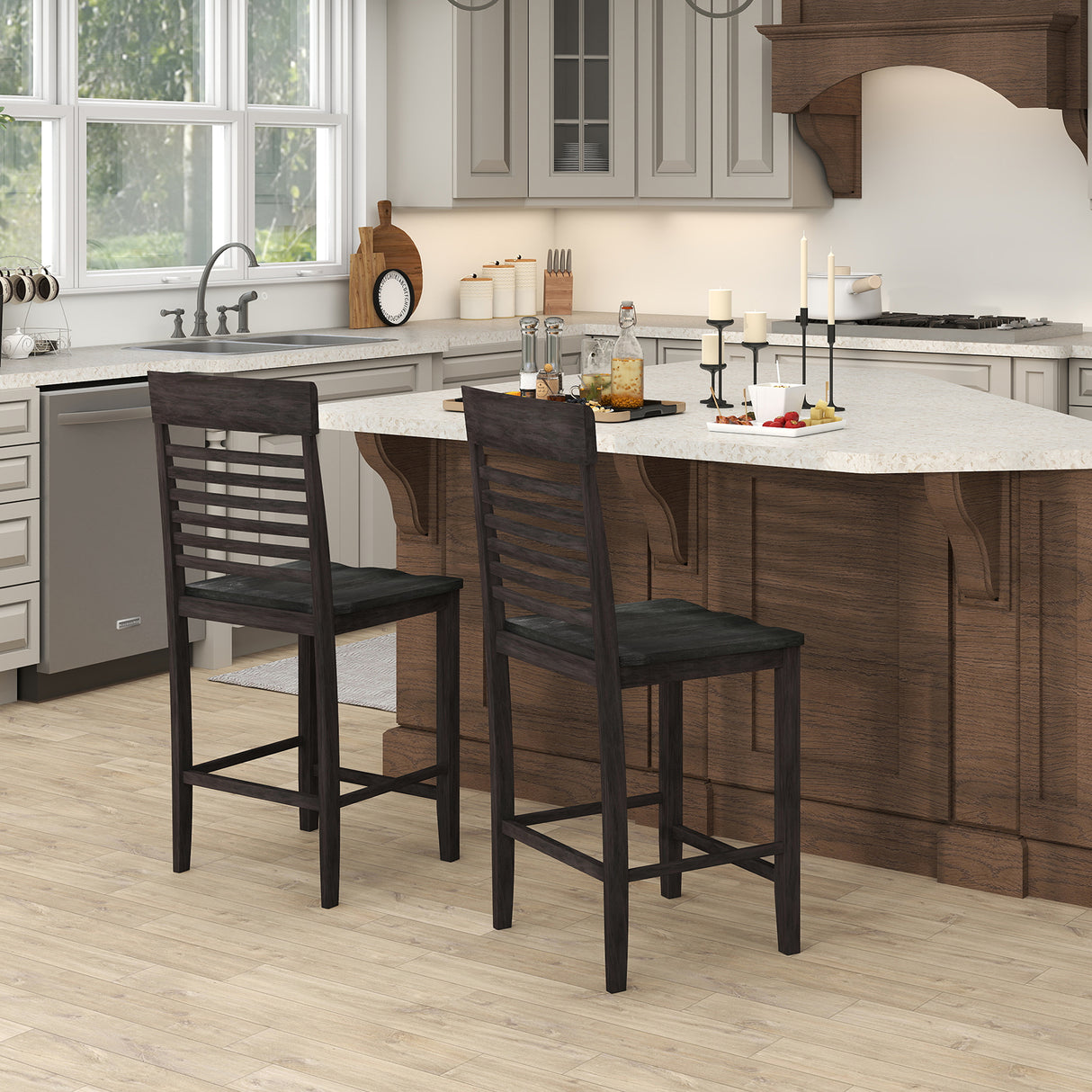 Dining Chair Set of 2 with Footrests and Solid Wood Frame-Gray