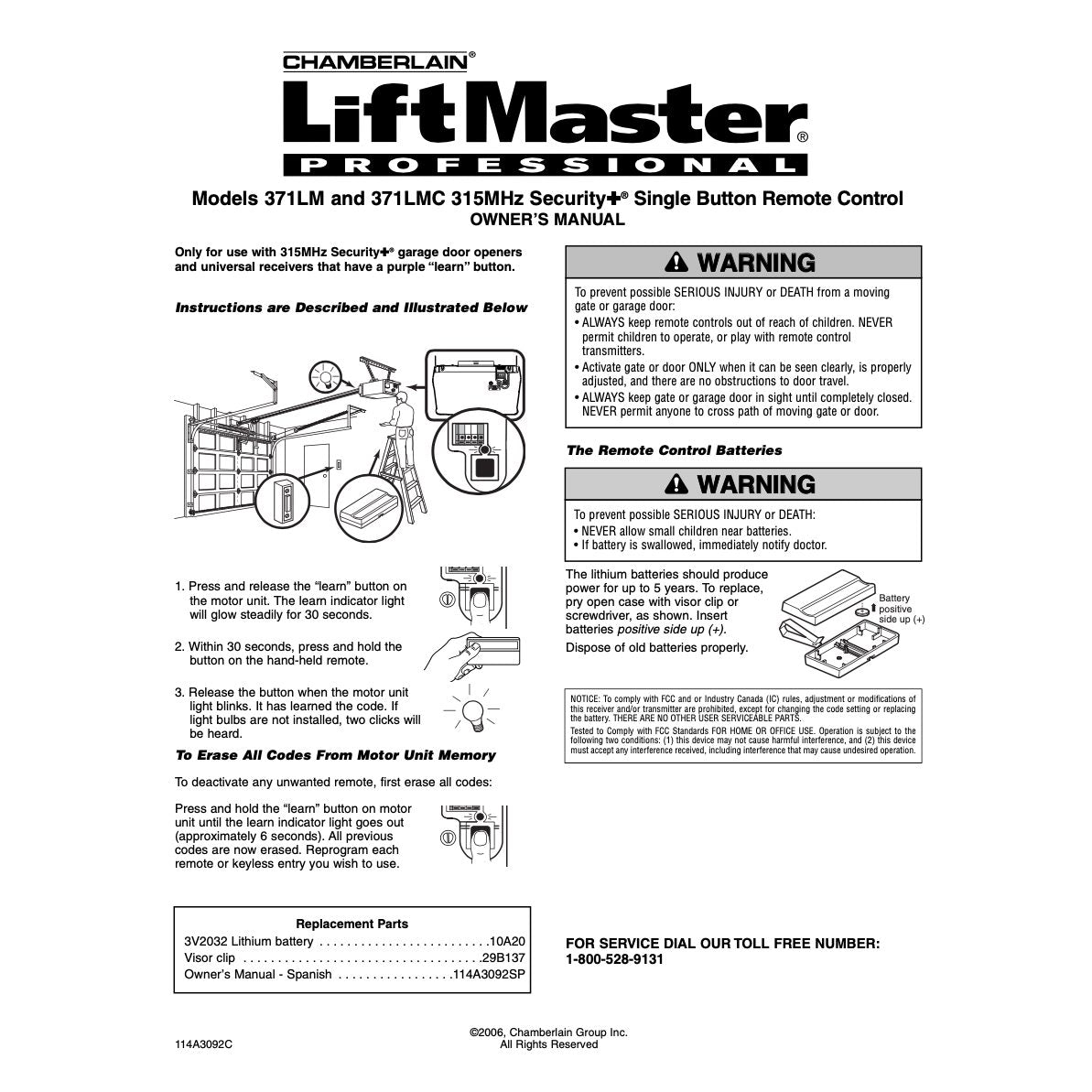 Substitute for Chamberlain 950D 1-Button 315 Mhz Visor Garage Door Opener Remote Control [971LM]
