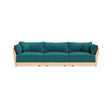 The Modular Bondi Latte 3 Seater Sofa is a modern and symmetrical teal sofa with wooden armrests and a wooden base. It includes three large seat cushions and several matching back cushions, all designed with clean lines.