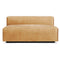 The Cleon Modern Unarmed Sofa is a two-seater in tan with a sleek, modern design. It features smooth upholstery and a back divided into two sections, offering a minimalist and contemporary appearance. The sofa stands on a dark base.