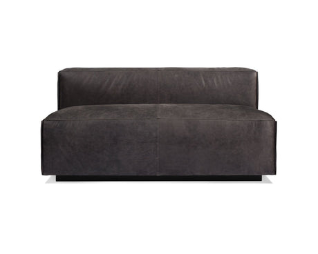 The Cleon Modern Unarmed Sofa is a dark gray, contemporary loveseat featuring a minimalist design and a low backrest, crafted from smooth fabric. It is set against a plain white background.