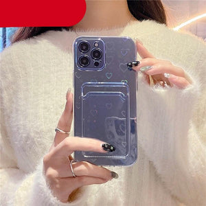 Clear Holographic Love Heart Pattern Cute Case with Card Holder Love Gradient Transparent Soft Case For iPhone 14 13 11 12 Pro Max Mini  X XS XR 7 8 Plus Wallet Card Holder Cover
