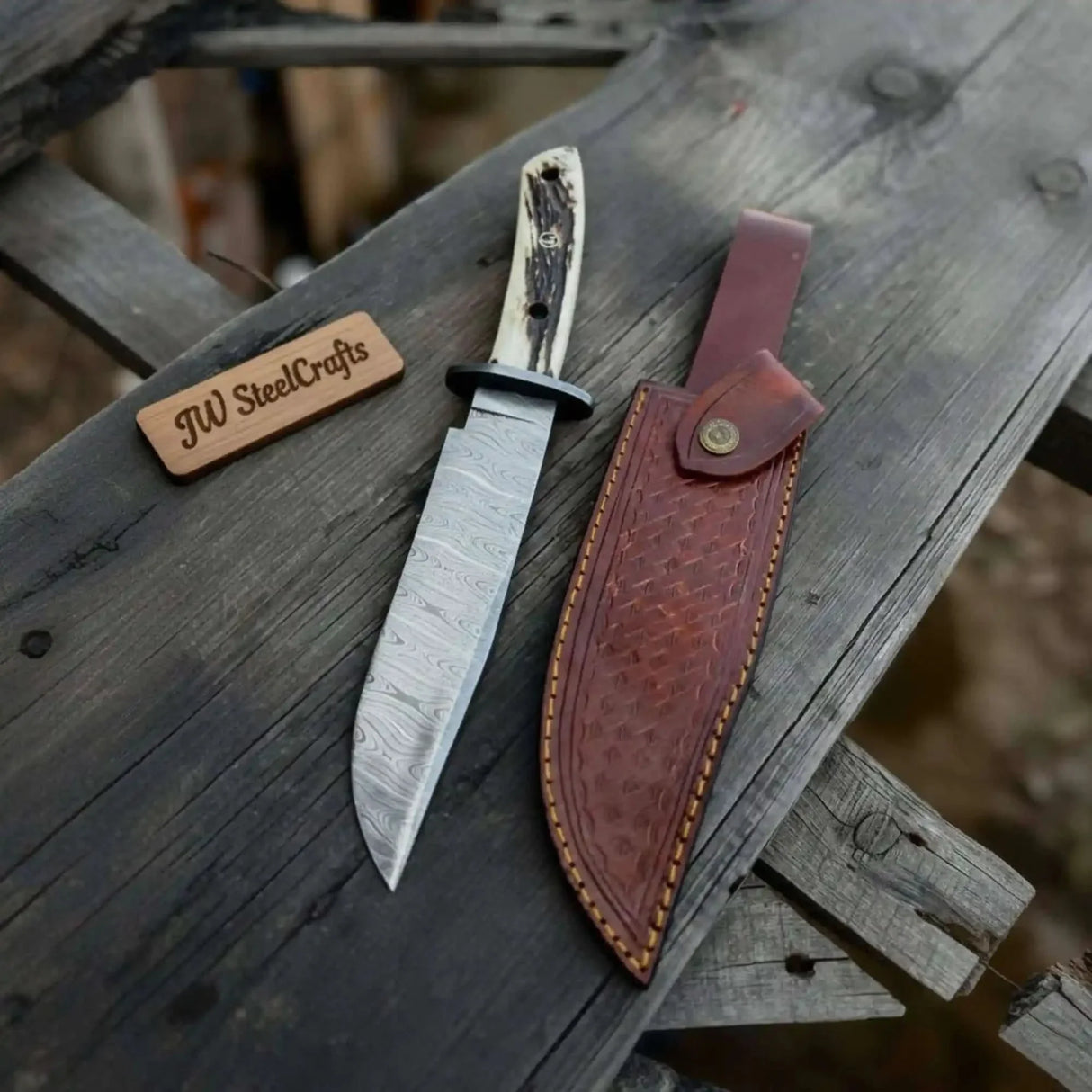 Handmade Damascus Hunting Knife with Stag Antler Bowie Blade