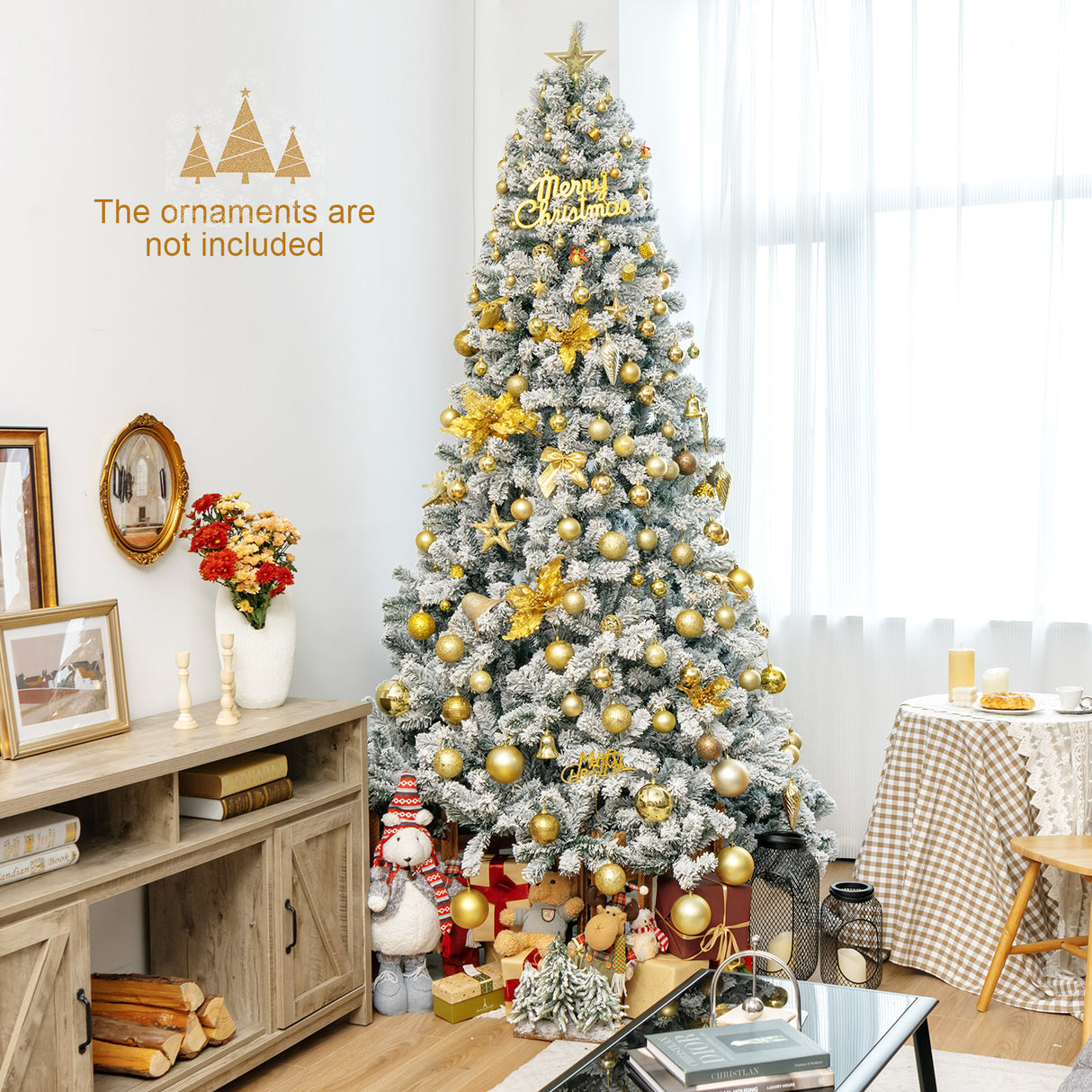 6 Feet Artificial Snow Decorated Flocked Hinged Christmas Tree with Metal Stand