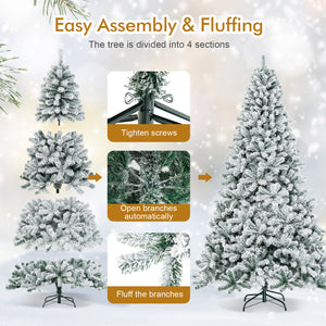 6 Feet Artificial Snow Decorated Flocked Hinged Christmas Tree with Metal Stand