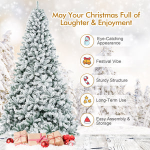 6 Feet Artificial Snow Decorated Flocked Hinged Christmas Tree with Metal Stand