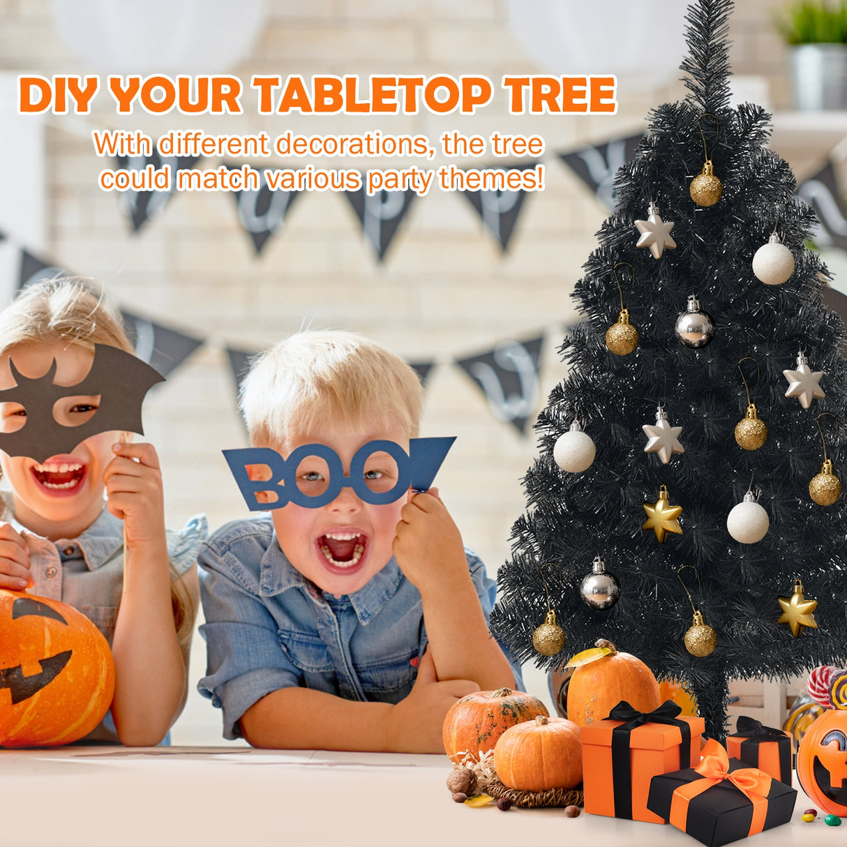 3 Feet Unlit Artificial Christmas Halloween Mini Tree with Plastic Stand-Black