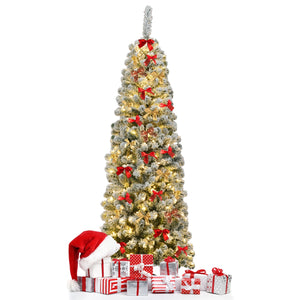 6 Feet Pre-lit Snow Flocked Artificial Pencil Christmas Tree with 250 LED Lights