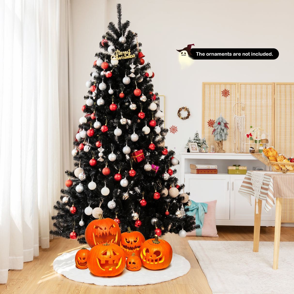 Black Artificial Christmas Halloween Tree with Purple LED Lights-7 ft